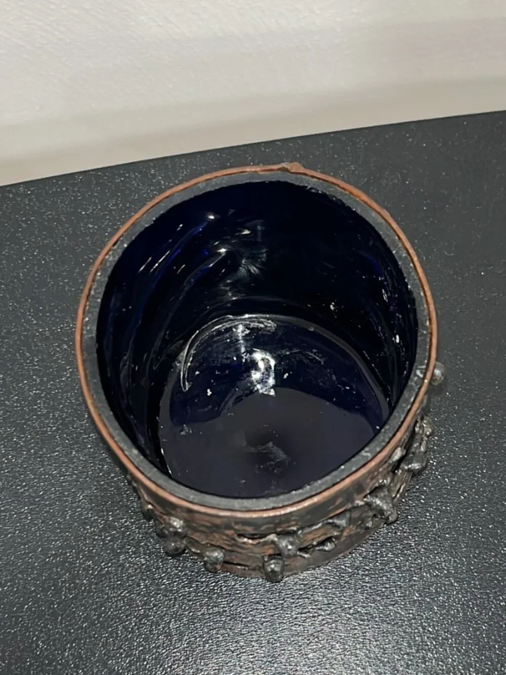 Vintage 90'S Pier 1 Brutalist Metal & Cobalt Blue Glass Candle Holder